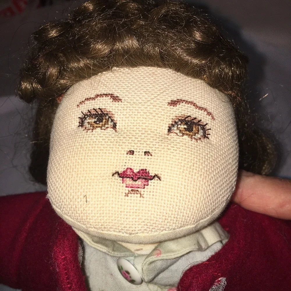 Cloth Doll Red Wool Coat Vintage Handmade Cross Stitched Face